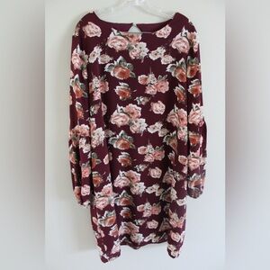 Rose Print Red Long Sleeve Dress